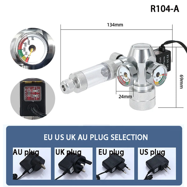 Digital aquarium CO2 regulator with solenoid valve and bubble counter R104-A