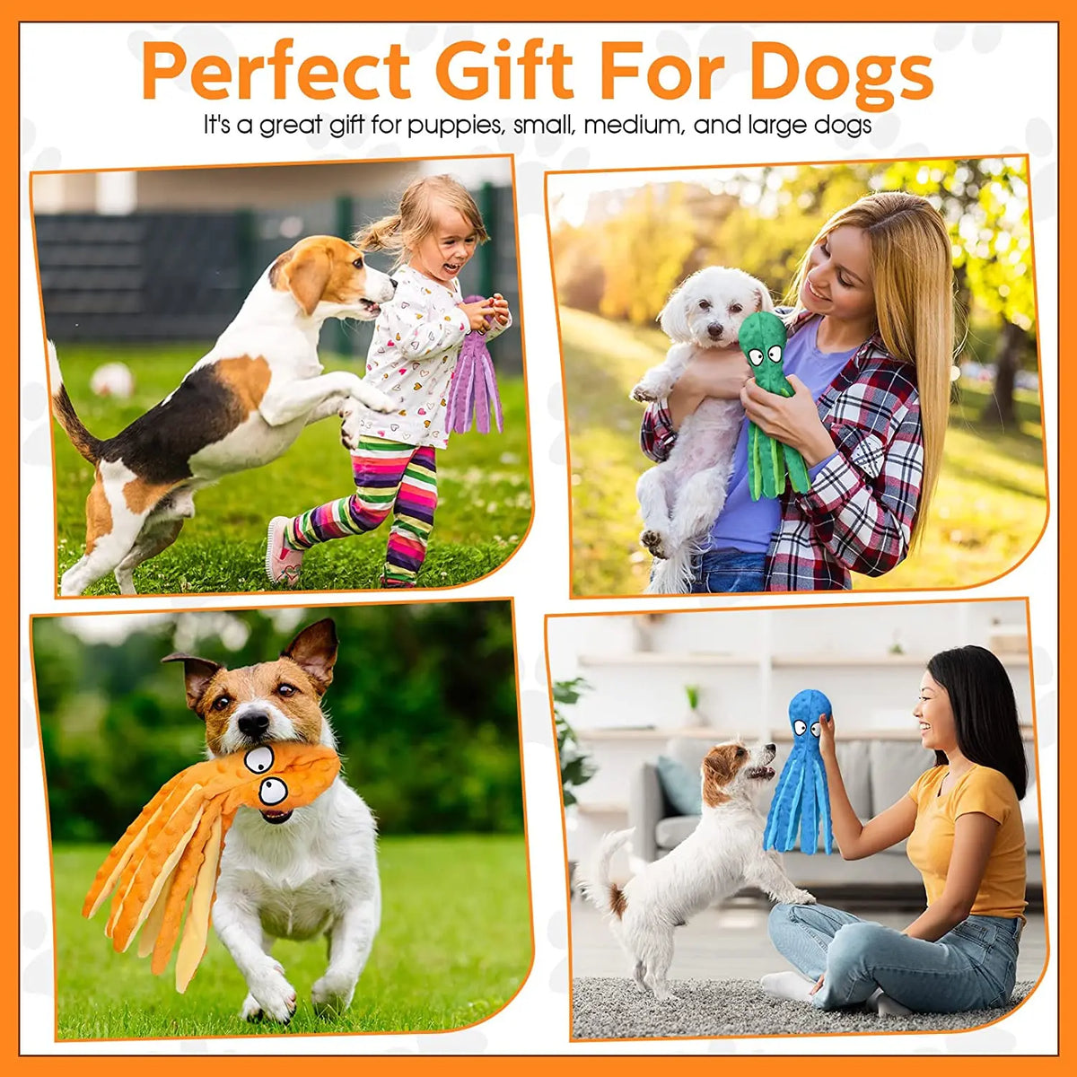 A collection of dogs playing with a squeaky octopus plush toy and other dog toys.