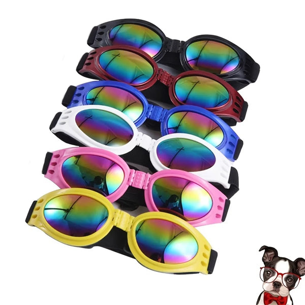 A collection of foldable pet sunglasses for dogs and cats in various colors including rainbow and solid shades.