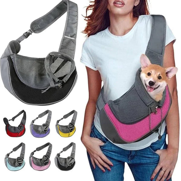 A woman is holding a breathable mesh pet carrier for a dog, showing various colors and adjustable straps.
