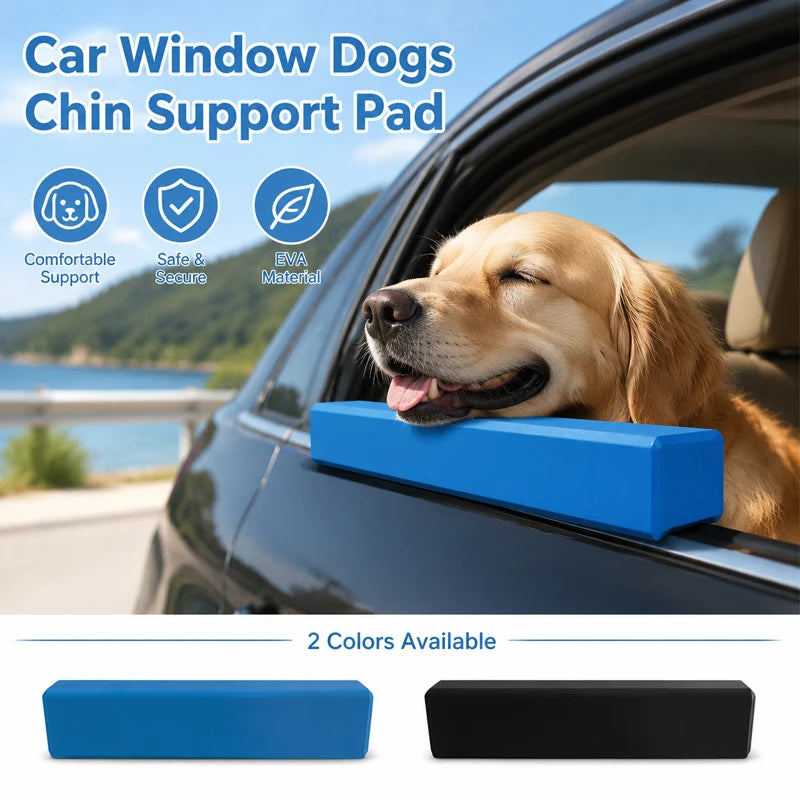 A blue dog chin support pad is shown resting on the window ledge of a car, with a golden retriever resting nearby.