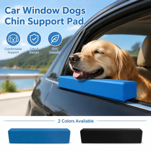 A blue dog chin support pad is shown resting on the window ledge of a car, with a golden retriever resting nearby.