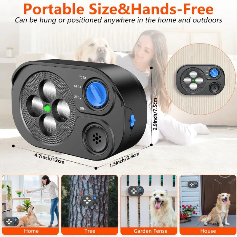 Dispositif anti-aboiement ultrasonique portable et sans main pour chiens, montré dans divers environnements intérieurs et ext