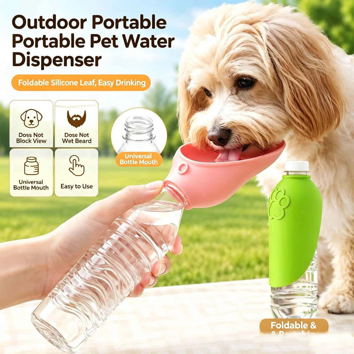 A dog is drinking water from a pink portable pet water dispenser bottle, demonstrating its foldable silicone leaf design.
