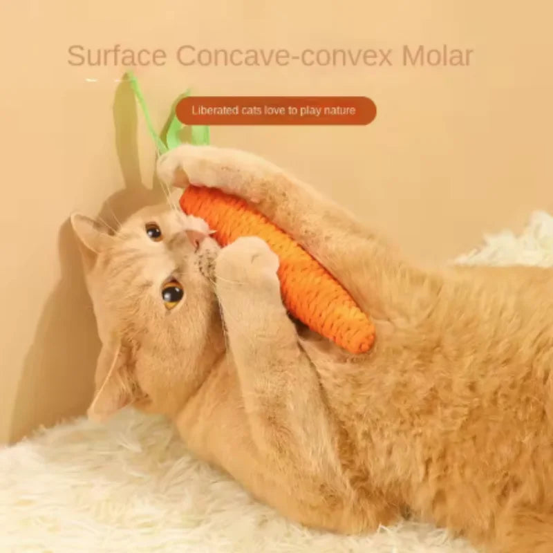 A fluffy orange cat is playing with a carrot-shaped plush toy designed for cats.