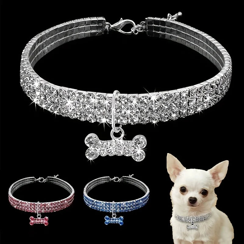 A silver jeweled bowknot pet collar is displayed next to a small white dog.