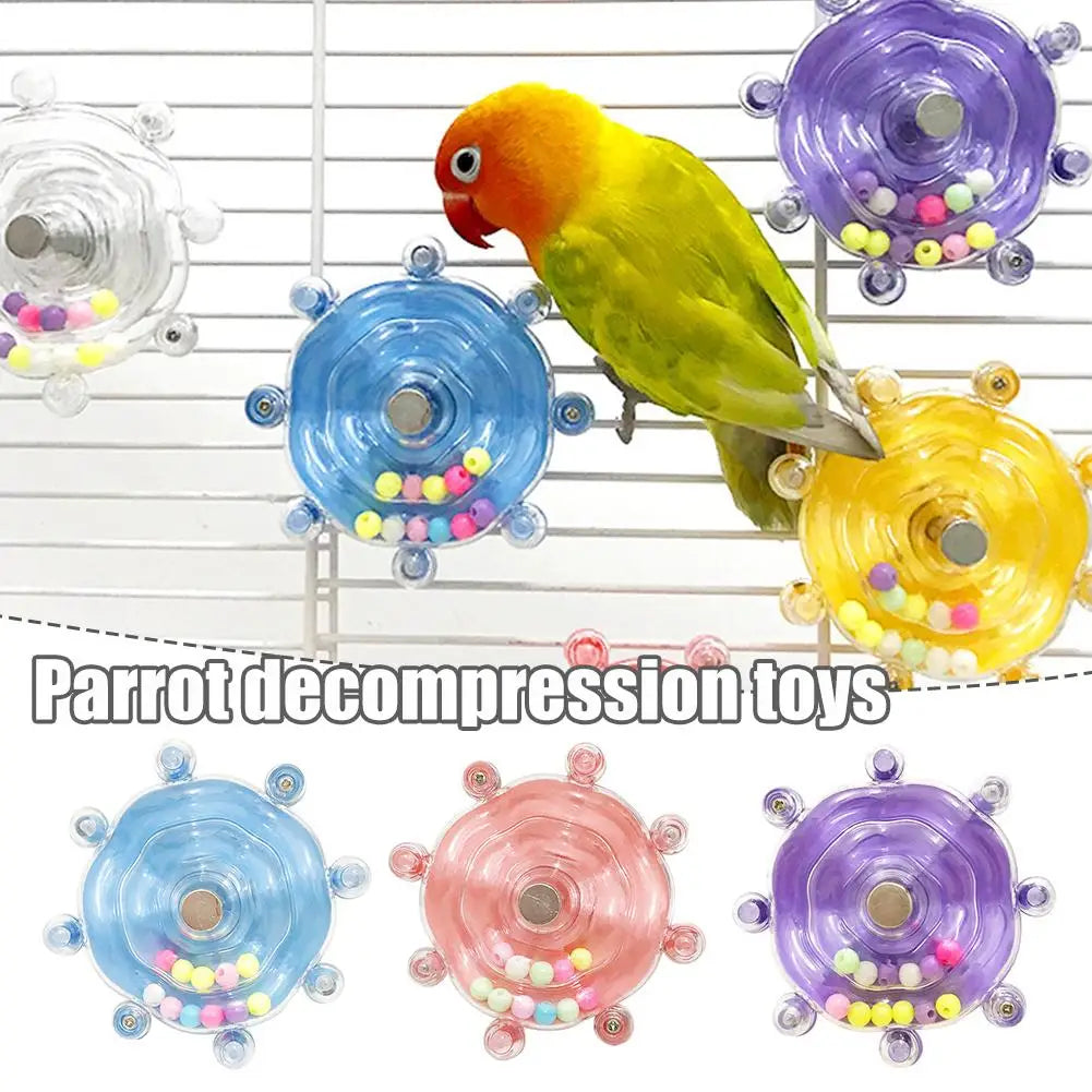 A collection of colorful rotating parrot decompression toys in various shades including blue, yellow, purple, and pink.