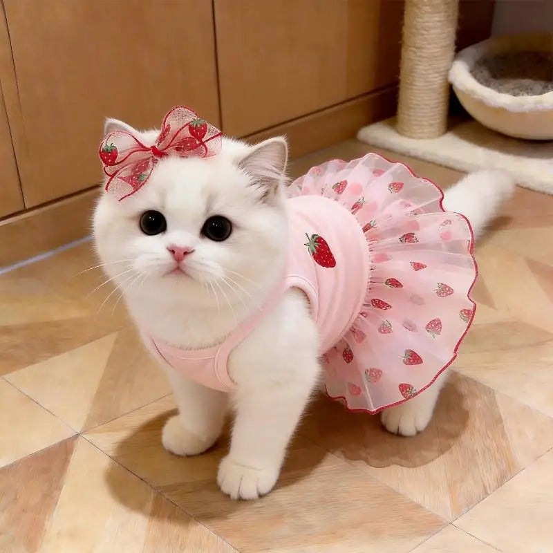 A white kitten wearing a pink strawberry princess pet dress with a red bow.