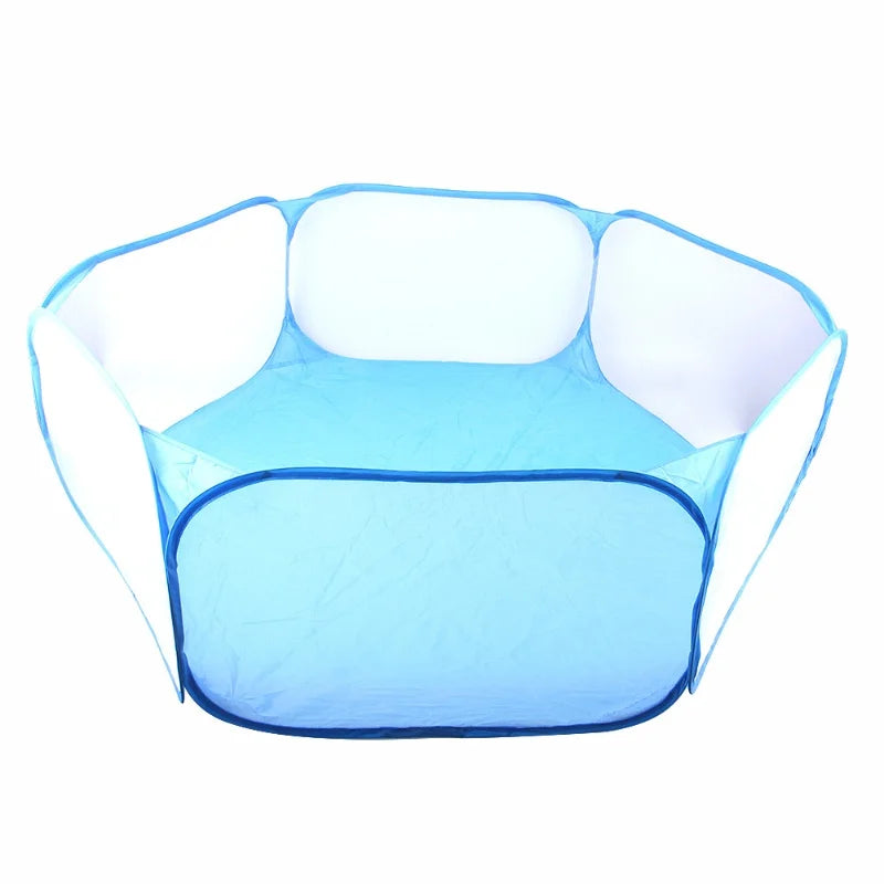 Tente portable bleu clair pour animal, avec enclos en maille transparente.