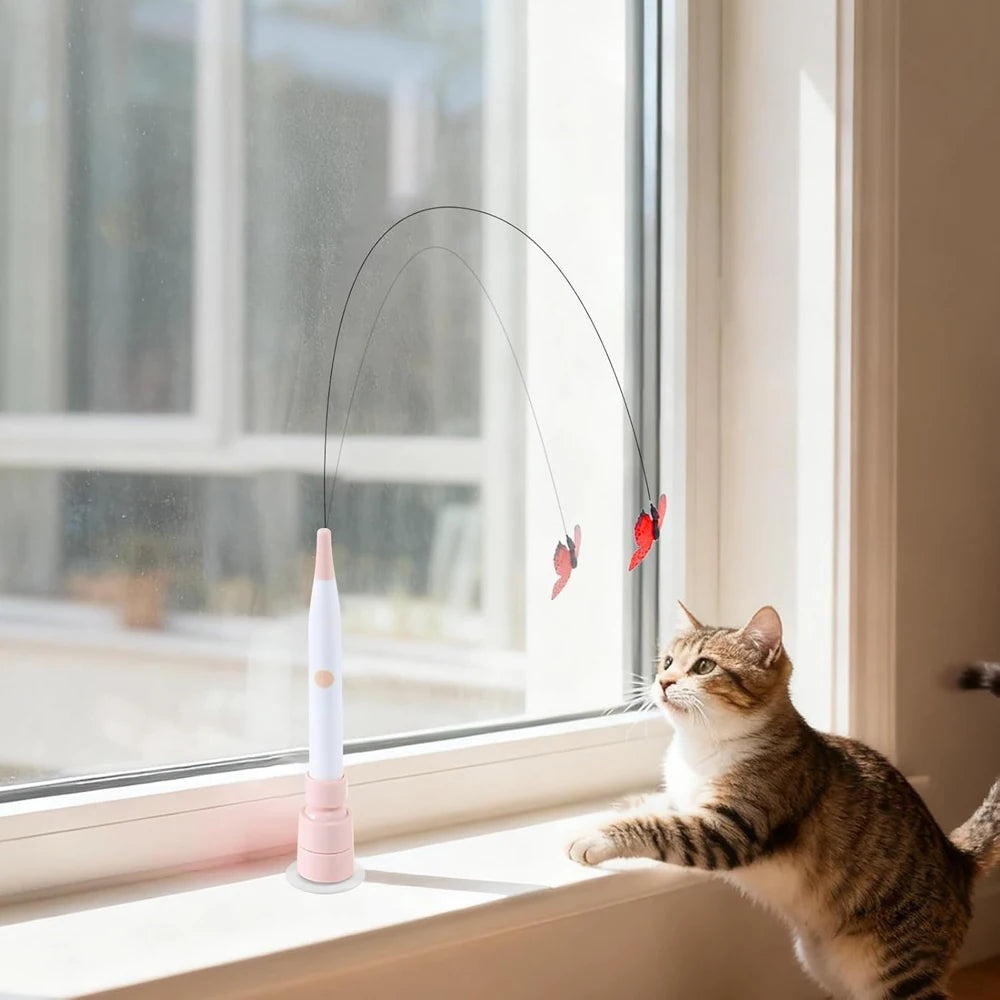 A cat is looking at an electric rotating butterfly toy with a suction cup base suspended in a window.