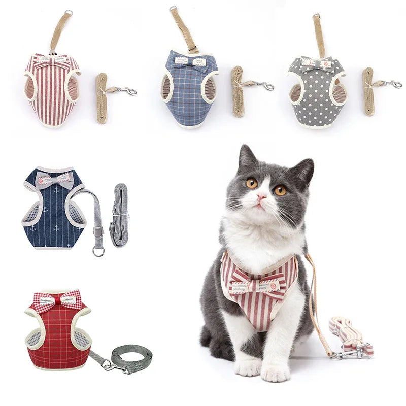 A set of soft mesh cat harnesses and a leash, featuring various patterns like stripes and polka dots.