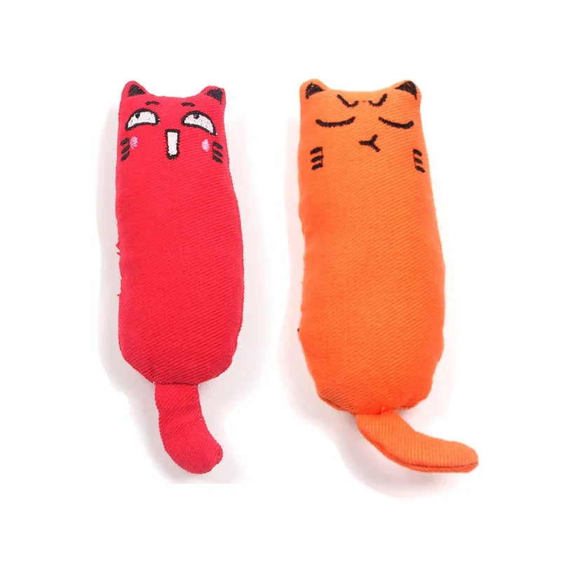 Two plush catnip crinkle toys shaped like cats, one red and one orange, with soft thumb pillow designs.