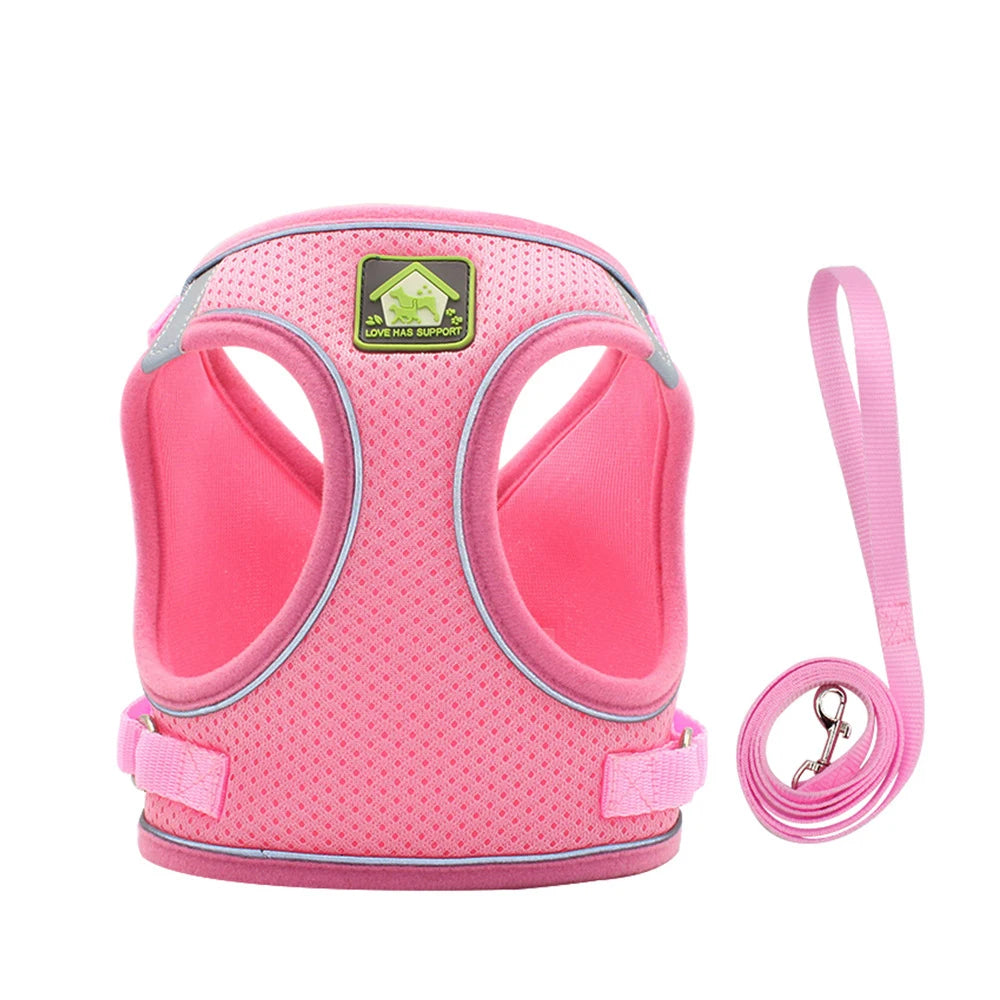 Pink breathable reflective vest harness for small and medium dogs with a strap