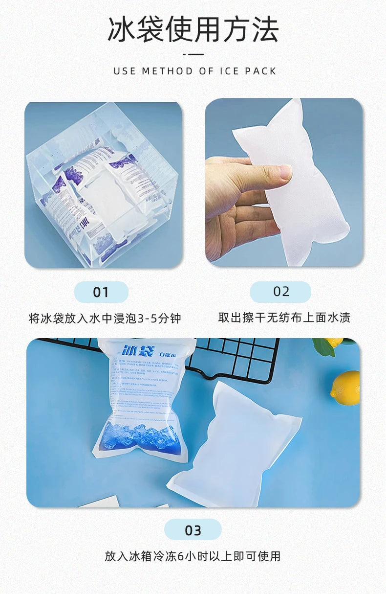 Instructions showing how to use an ice pack by soaking it in water and allowing it to cool for six hours before use.