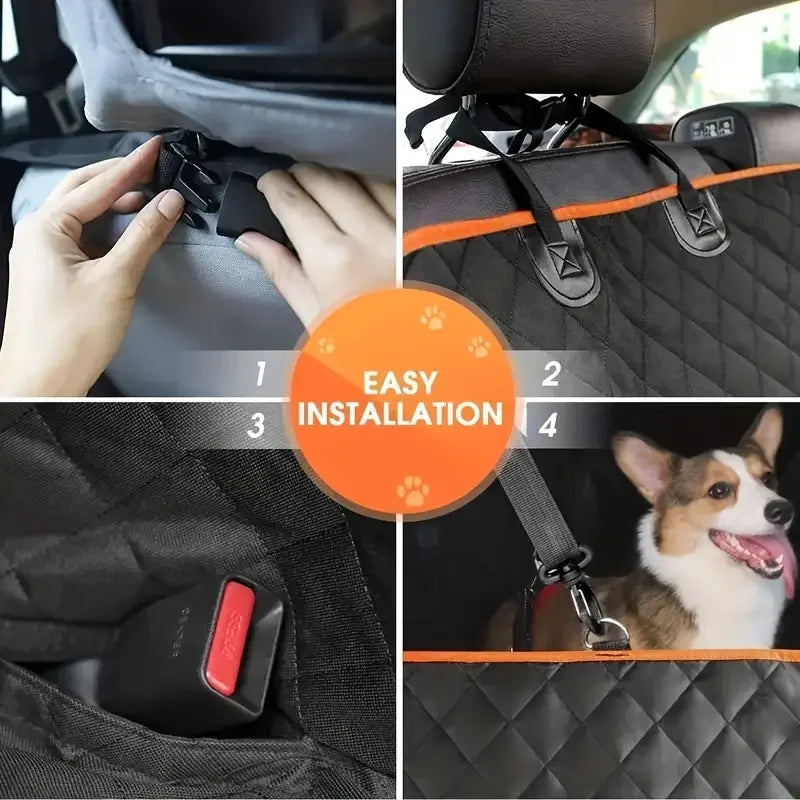 Demonstration of easy installation and use of a waterproof dog car seat cover hammock for pets.