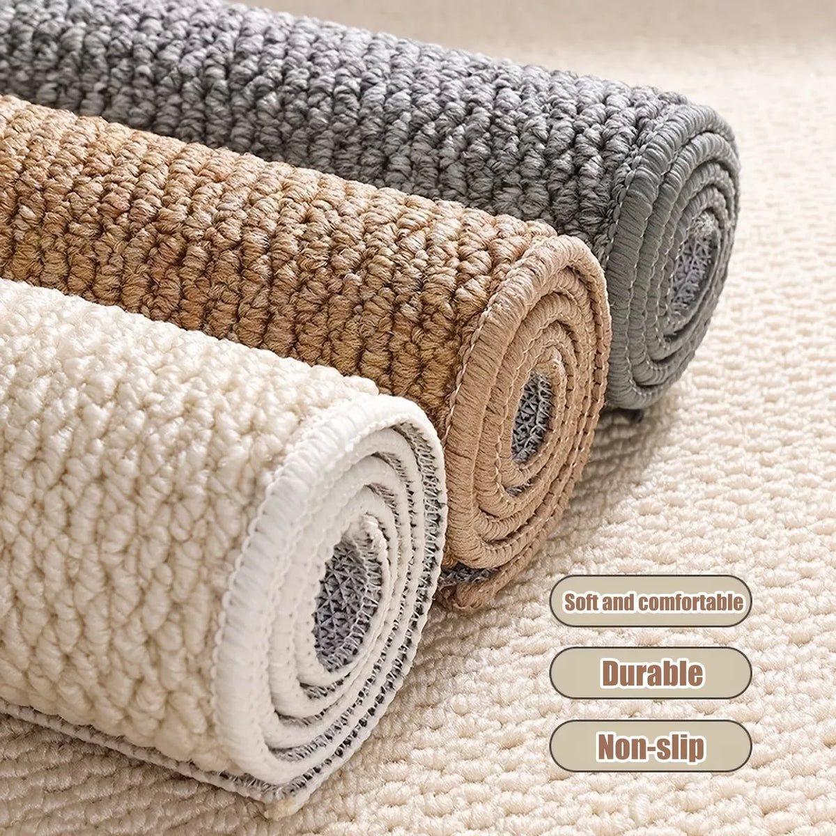 Three rolls of customizable faux sisal cat scratching mats in beige, gray, and cream colors