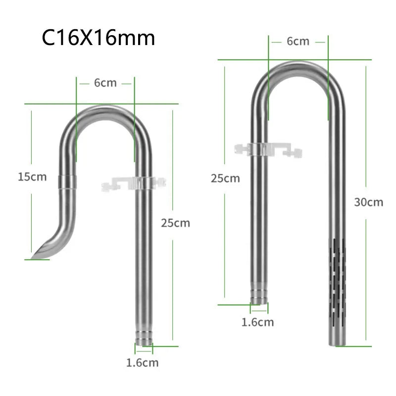 Kit de connecteurs de filtre pour aquarium en acier inoxydable avec tuyaux courbes et droits, montrés en différentes dimensio