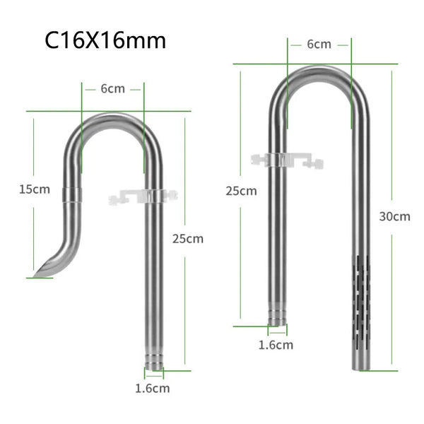 Stainless steel aquarium filter connector kit with a curved pipe and straight sections shown in various dimensions.