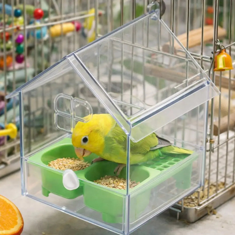 Hanging Parrot Feeder with Pull-Out Bath and Transparent Design