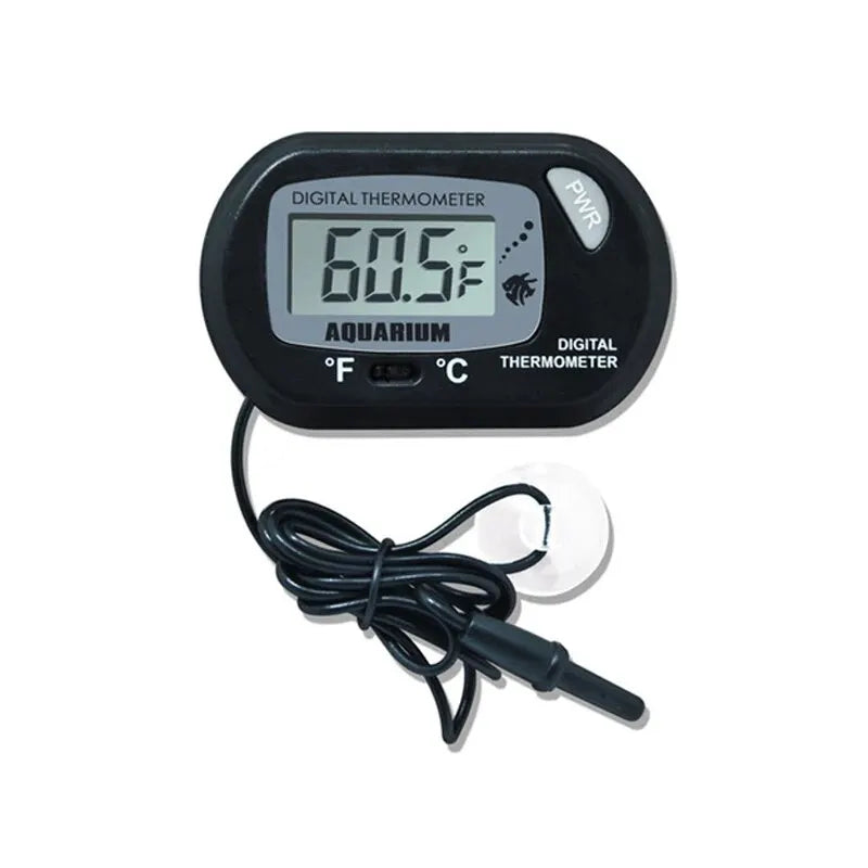 Schwarzes digitales Thermometer für Aquariumwasser, mit Ein- und Aus-Schalter und Saugnapf.