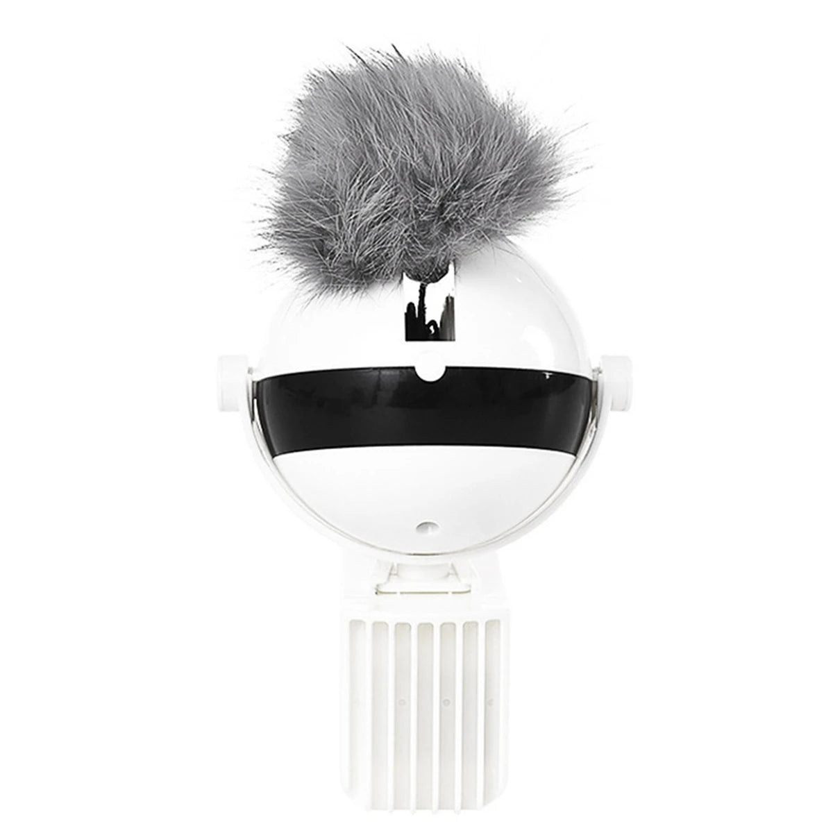 Jouet chat interactif blanc avec balle noire tournante et boa de plumes gris