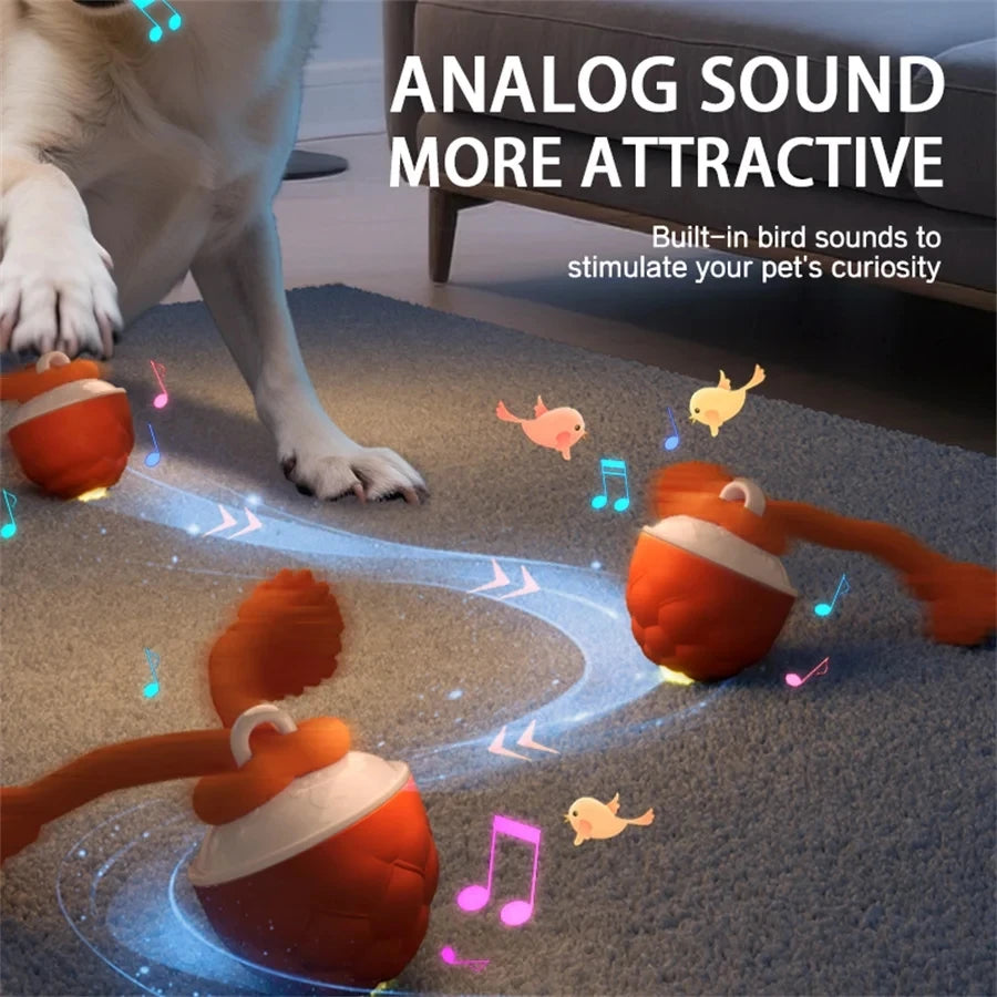 An orange rolling dog ball with bird sounds stimulating a pet's curiosity on a carpet.
