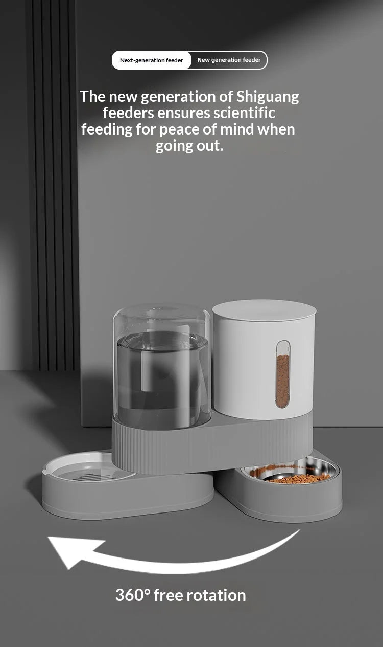 A white automatic gravity pet feeder and water dispenser combo with a clear glass bowl, shown in a 360-degree rotation.