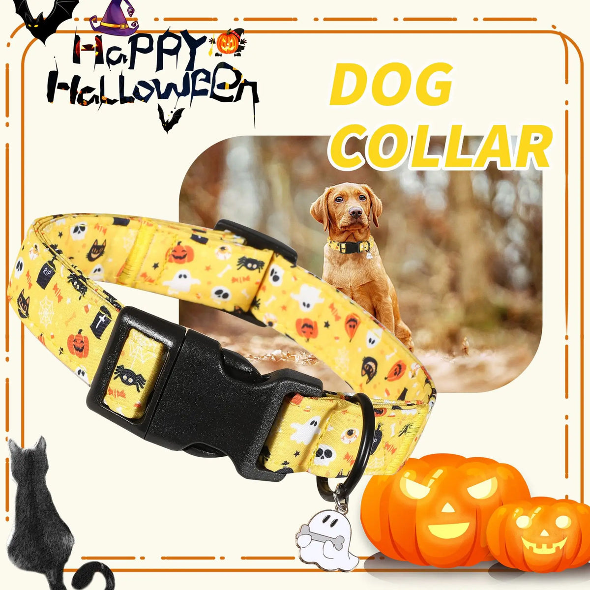 Yellow dog collar with Halloween theme featuring a pumpkin design and a small bell.