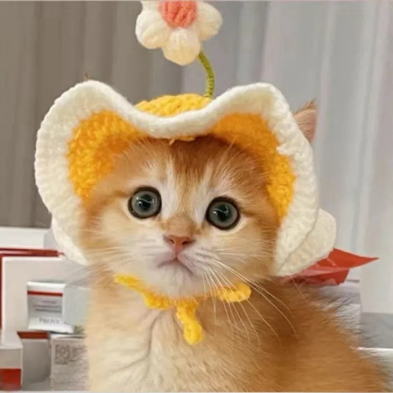 Cute Adjustable Cat Hat with Flowers for Cats and Small Dogs