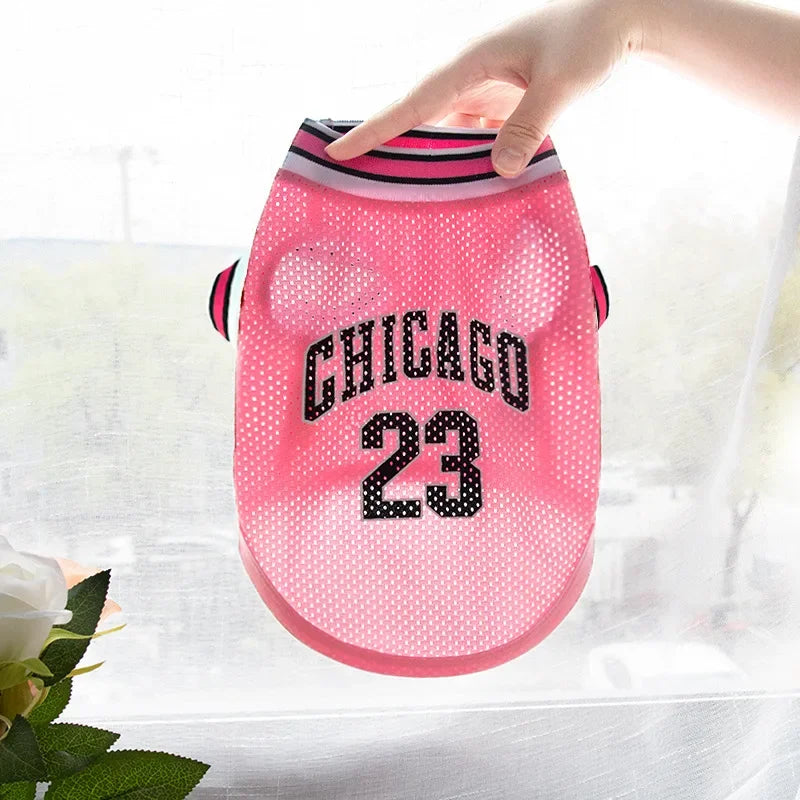 A pink pet dog basketball vest with the text Chicago 23 is held by a hand against a bright window background.