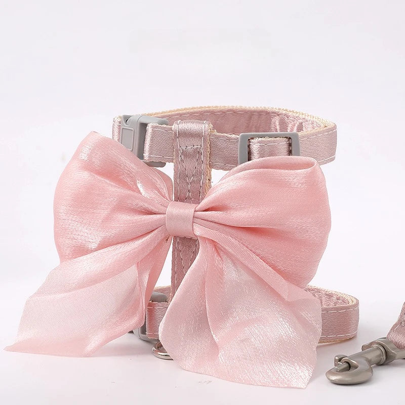 Pink satin bow knot harness and leash set for a cat