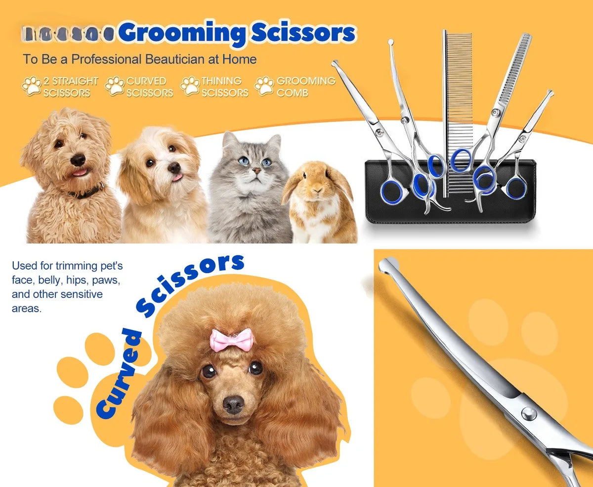 Sammlung aus Edelstahl-Grooming-Schere und Kamm für Haustierpflege, einschließlich gerader, gebogener und verdünnender Typen.