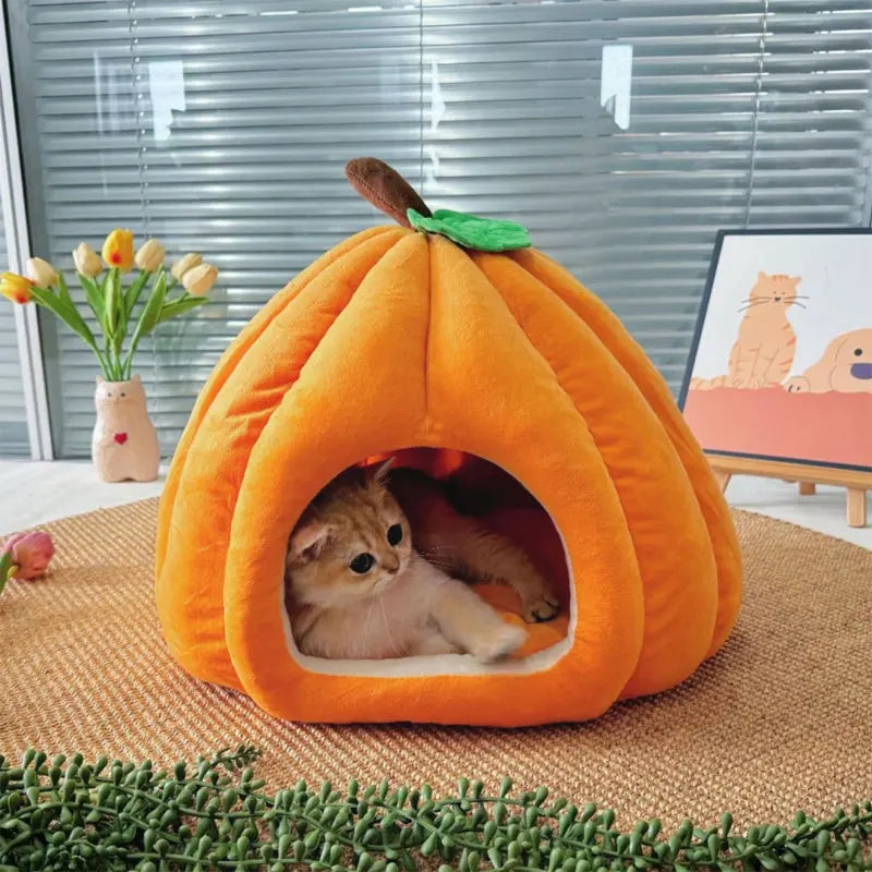 3D Pumpkin Pet House - Semi-Enclosed Bed with Removable Cushion