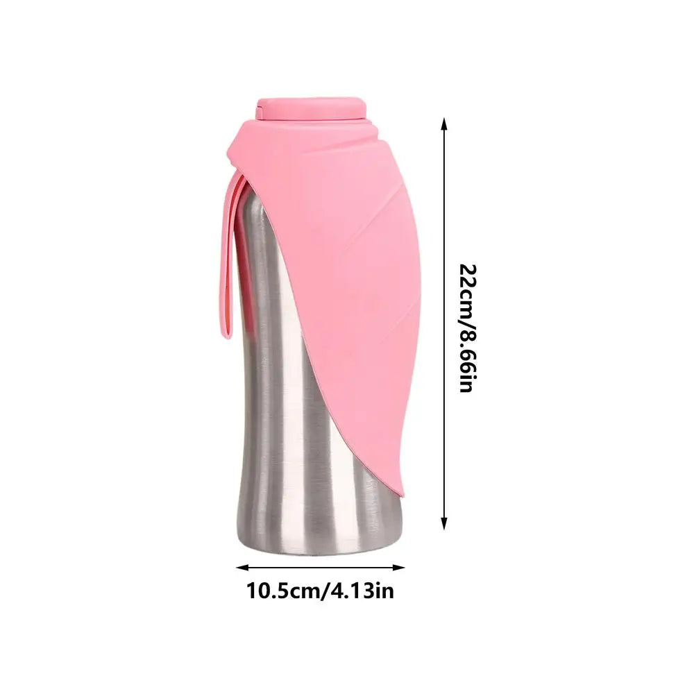 A pink portable leak-proof dog water bottle with a built-in bowl and a protective flap.