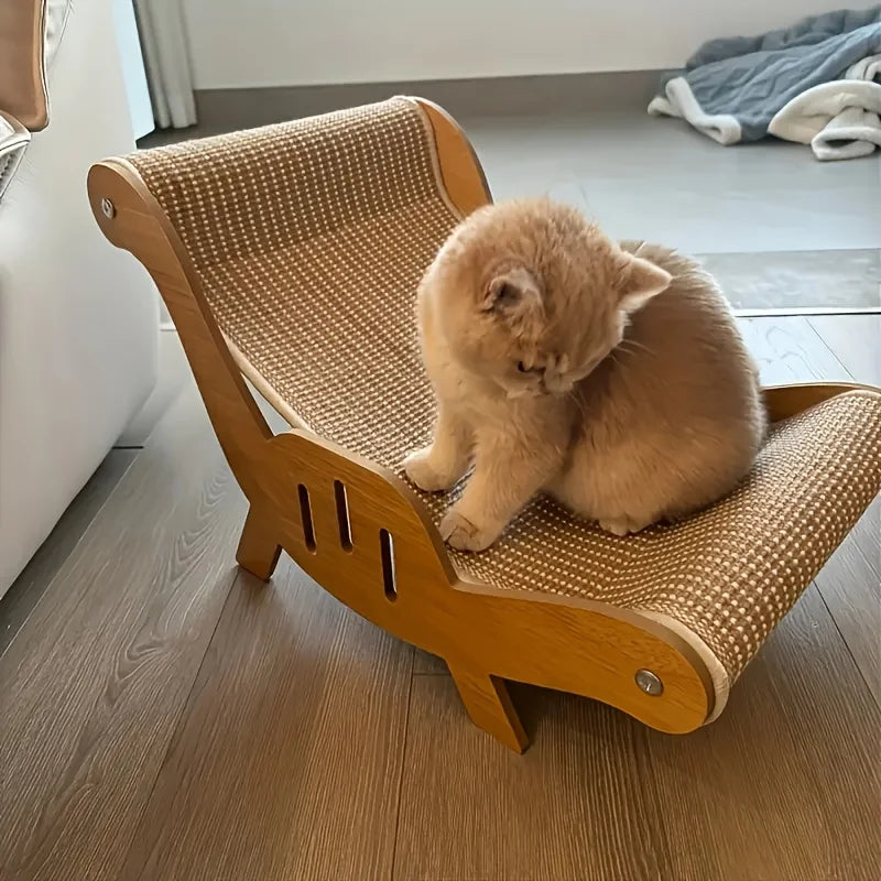 A fluffy orange kitten is resting on a wooden cat scratcher pad designed as a multifunctional sleeping bed.
