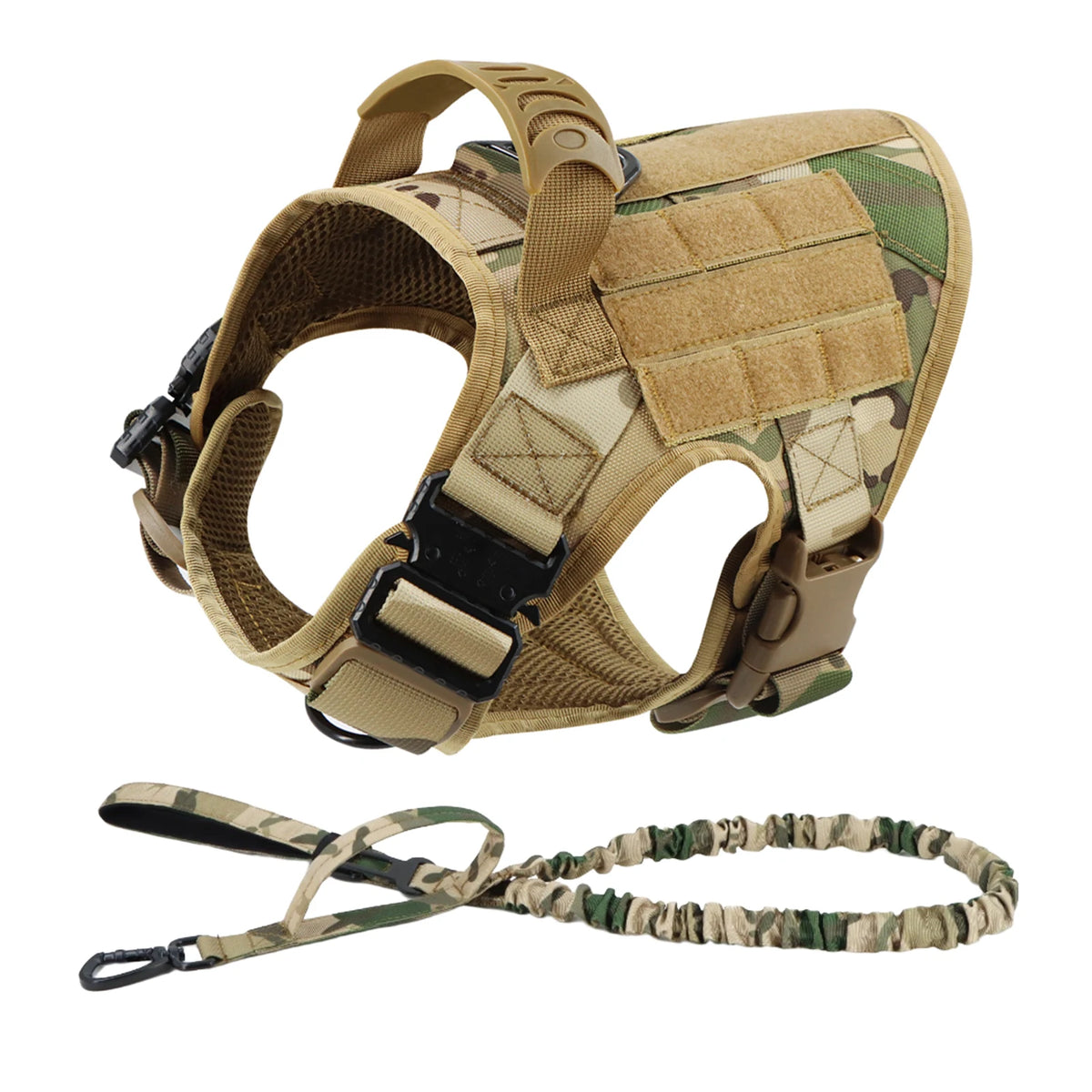 A tan and green camouflage dog harness and leash set for training.
