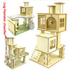 A wooden hamster chamfer set featuring a multi-level playground with a house, platform, and climbing elements.