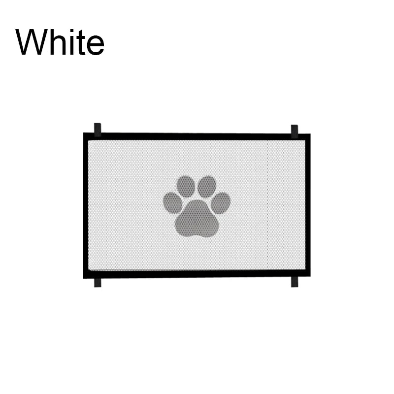 A portable folding pet safety gate with a silhouette of a paw print on a mesh background.