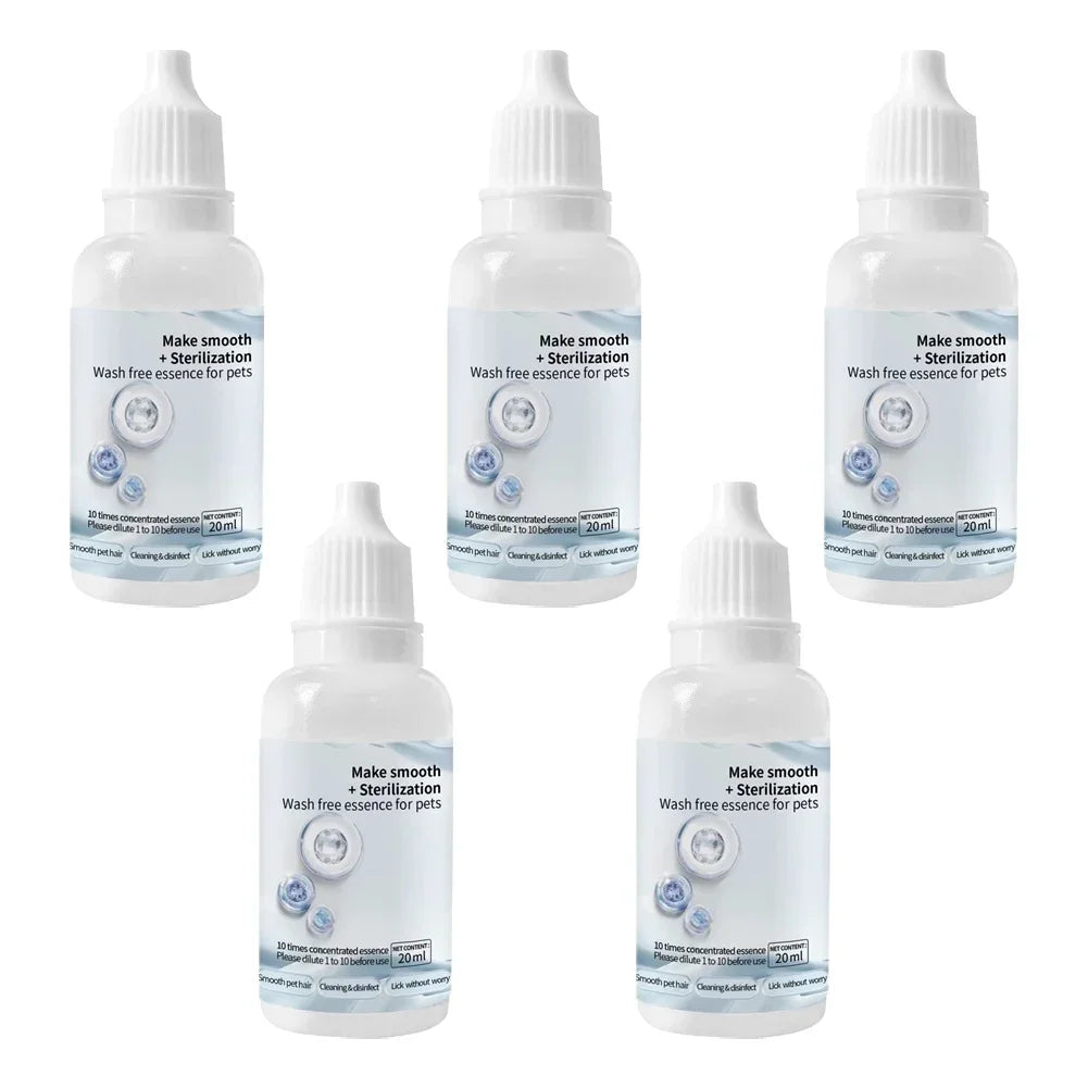 Various bottles of smooth wash free essence for pets, including a white dropper bottle.