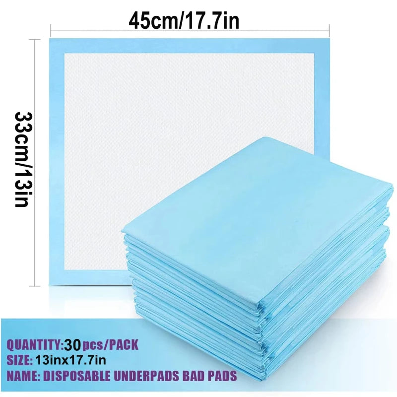 A stack of light blue disposable underpads or bed pads with dimensions 13x17 inches.
