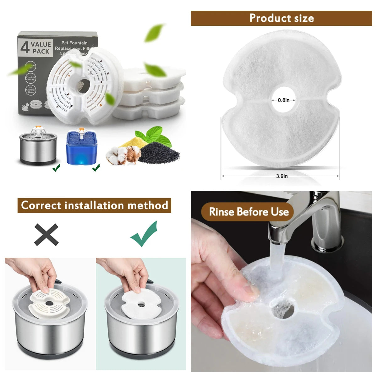 Replacement filters for pet water fountains shown with installation and rinsing instructions.