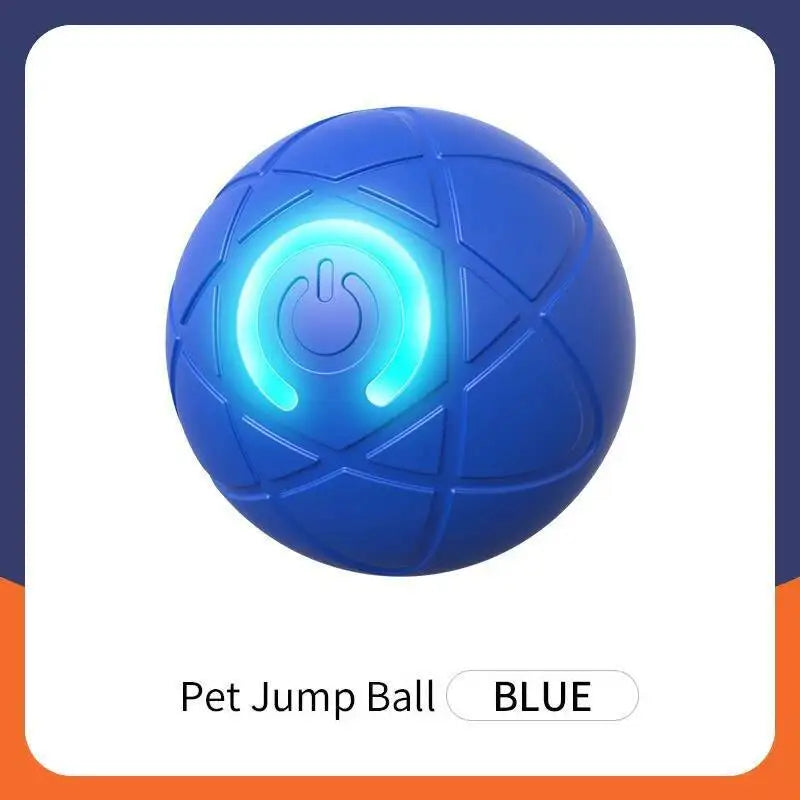 A bright blue interactive pet jump ball with a glowing white power symbol on its surface.