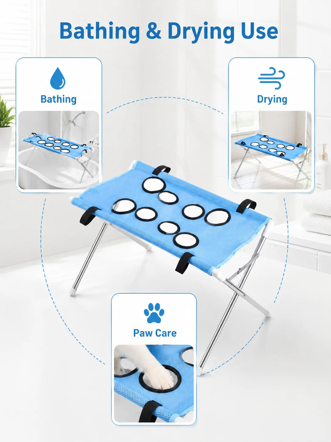 A blue foldable pet bath hammock stand used for bathing, drying, and paw care of small dogs and cats.