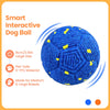 A blue interactive dog ball with yellow accents, designed for medium and large breeds.
