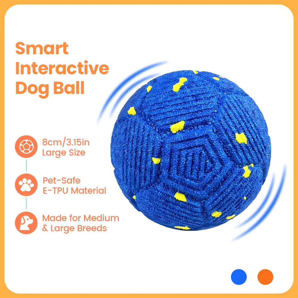 A blue interactive dog ball with yellow accents, designed for medium and large breeds.
