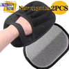 Black reusable pet hair removal gloves with a gray cleaning pad shown on a hand.