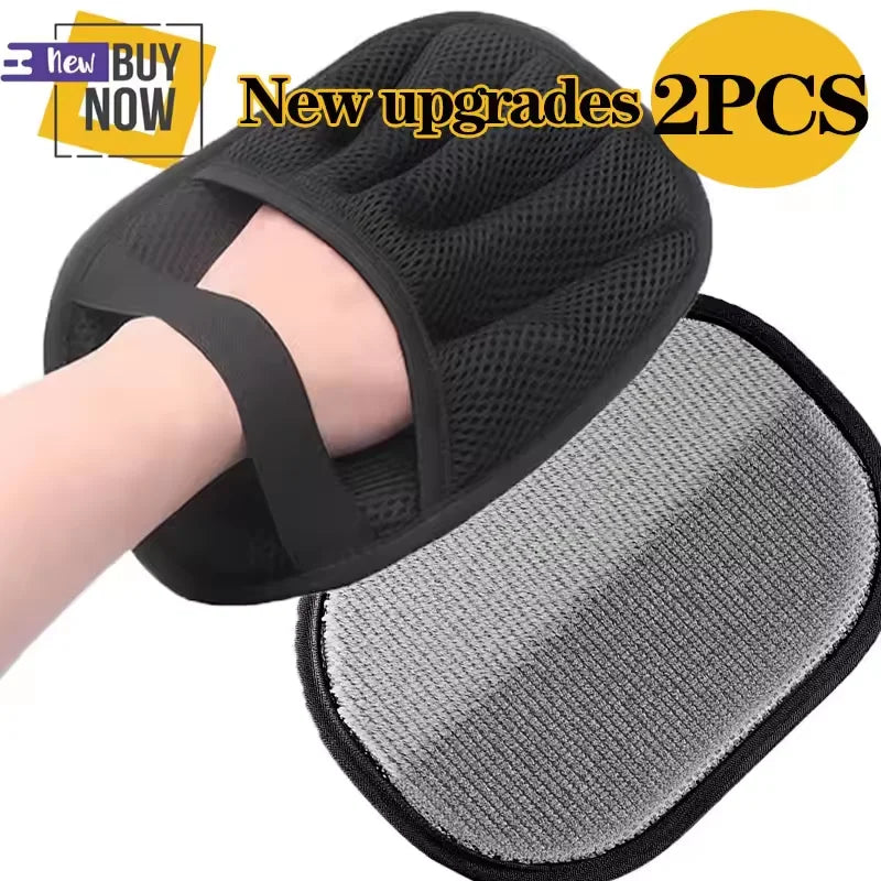 Black reusable pet hair removal gloves with a gray cleaning pad shown on a hand.