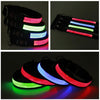 A set of USB rechargeable LED glow dog collars in various colors, including pink, green, and blue.