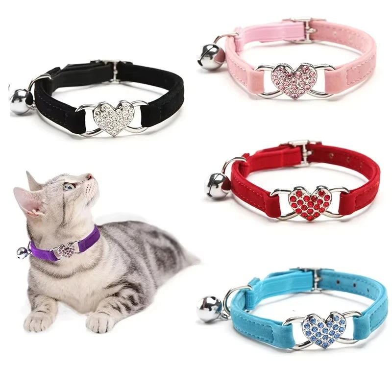 Heart-Shaped Velvet Cat Collar with Bell