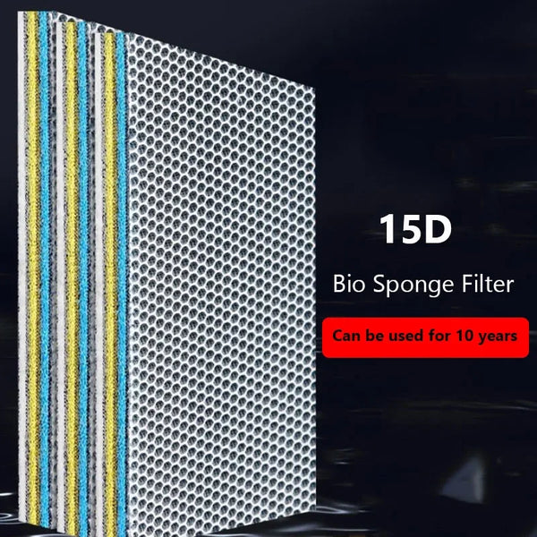 A vertical multi-layer aquarium biochemical filter sponge with a perforated surface and a label indicating it can be used for